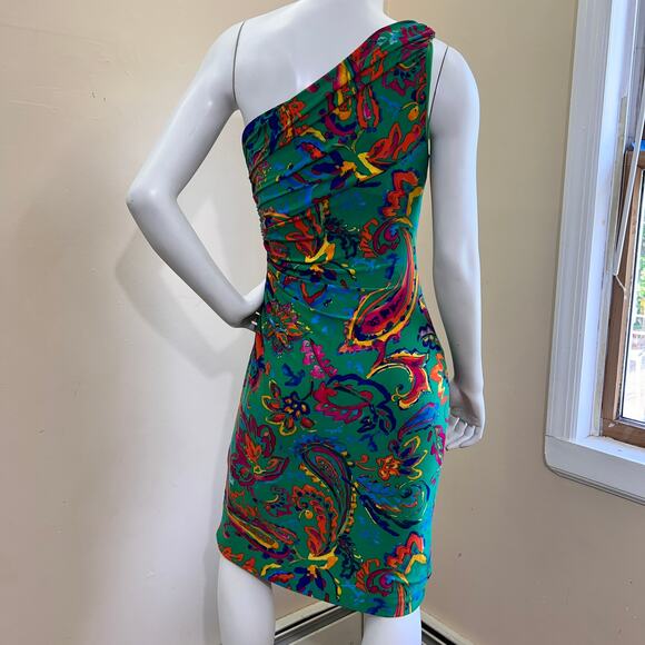 Lauren Ralph Lauren Dress One Shoulder Bodycon Festive Green Paisley Size 2 - Picture 2 of 9